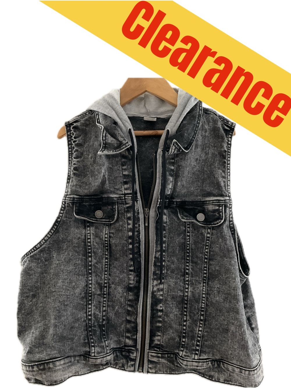 Zumba Fitness Grey Black Acid-Wash Denim Vest with Hood